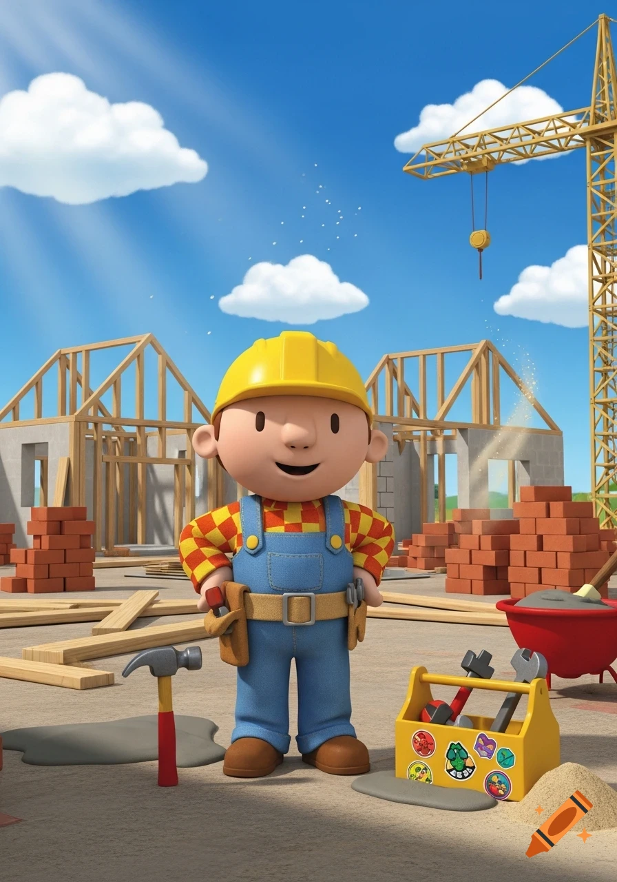 Bob the Builder stands on a construction site with tools, partially built houses, and a crane under a sunny sky.