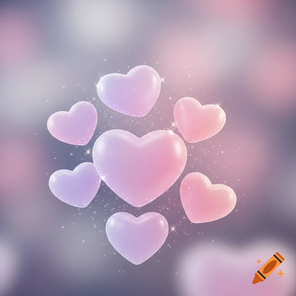 Glowing pastel pink and purple hearts with glitter shimmer on a soft, blurred background.