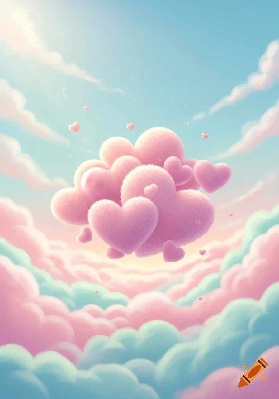 Fluffy pastel pink hearts float among soft pink and blue clouds in a serene sky.