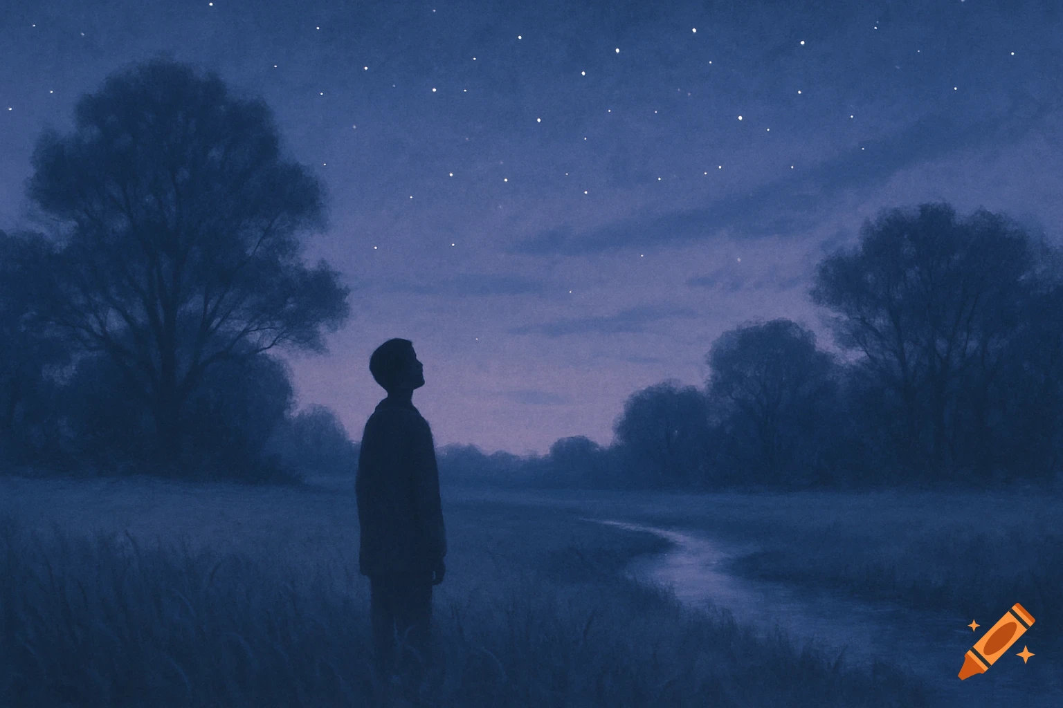A person in silhouette stands in a field at night, looking up at a starry sky with trees and a winding river.