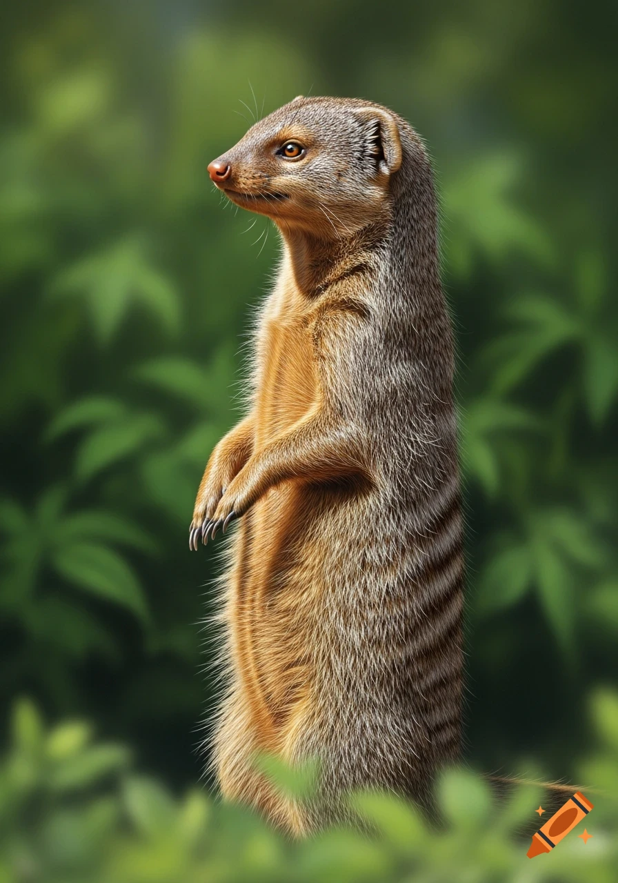 A photorealistic mongoose stands upright, looking left, against a blurred green foliage background.