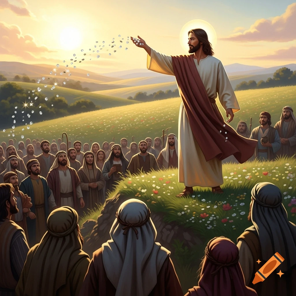 Digital illustration of Jesus in robes on a hill, casting sparkling seeds to a crowd of followers at sunset.