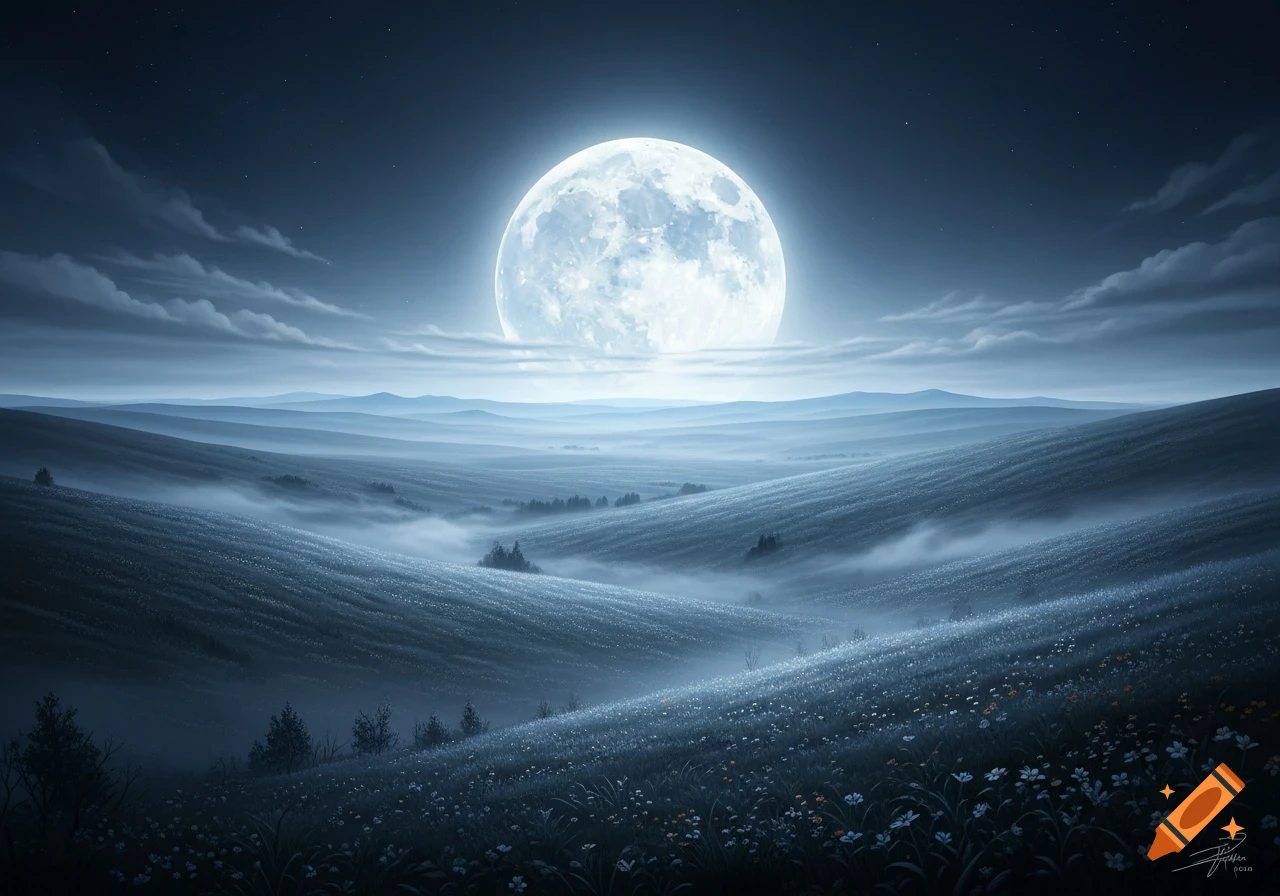 A vast field of wildflowers and rolling hills are illuminated by a giant full moon under a dark, starry night sky with misty valleys.