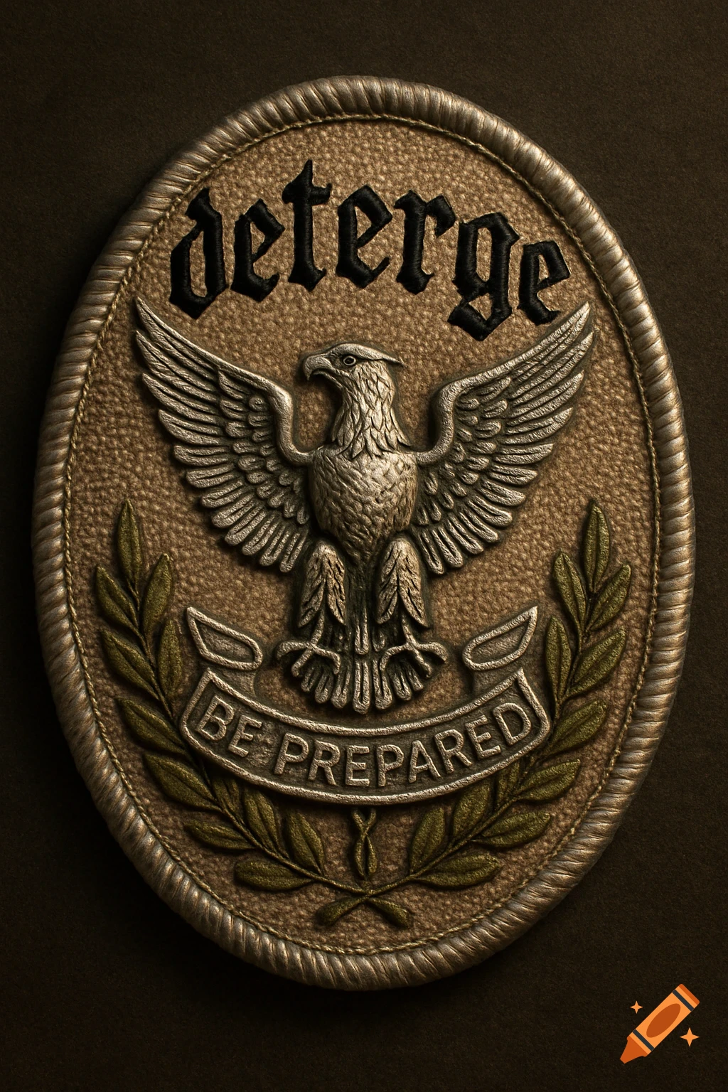 An oval bronze badge features a silver eagle, olive branches, and the words 'deterge' and 'BE PREPARED' embossed.