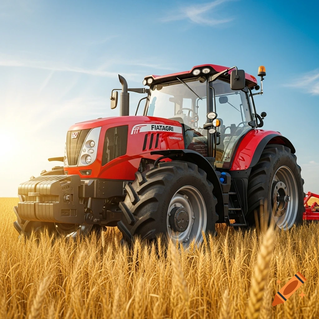Photorealistic red Fiatagri tractor standing in a golden wheat field under a blue sky, sunlight shining from the left.