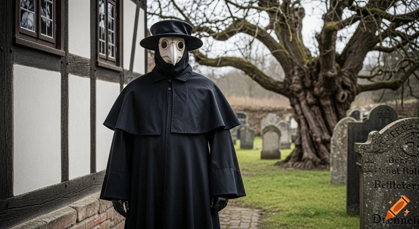 A person in a black plague doctor costume with a bird-beak mask stands in a foggy cemetery beside an old half-timbered house and gnarled tree.