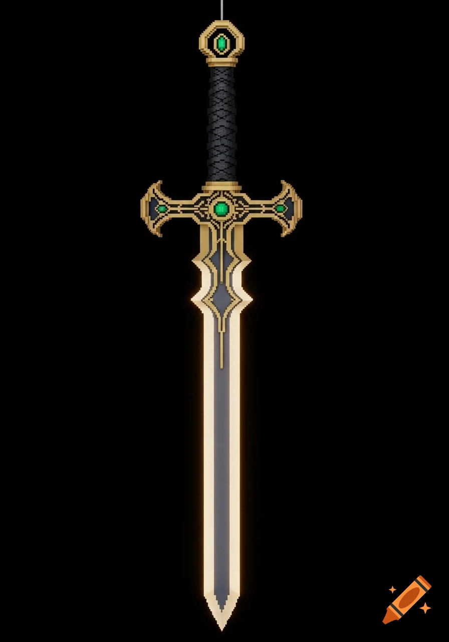 A pixel art sword with a black handle, a gold and black cross-shaped hilt with green gems, and a gold-edged blade.