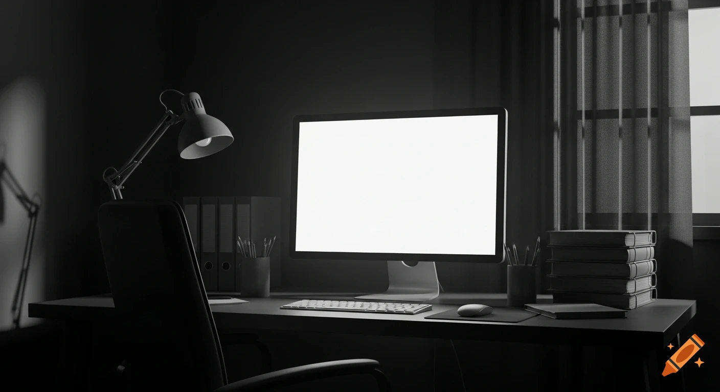 A dimly lit office desk with a blank computer screen, a desk lamp, an office chair, and a stack of books next to a window with blinds.