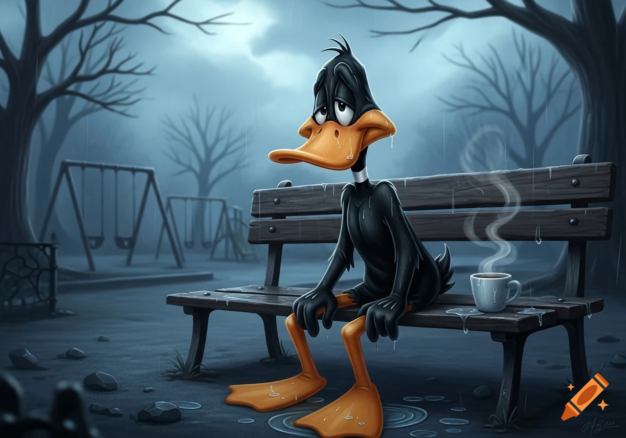 Sad Daffy Duck sits alone on a park bench in the pouring rain, a steaming coffee mug beside him.