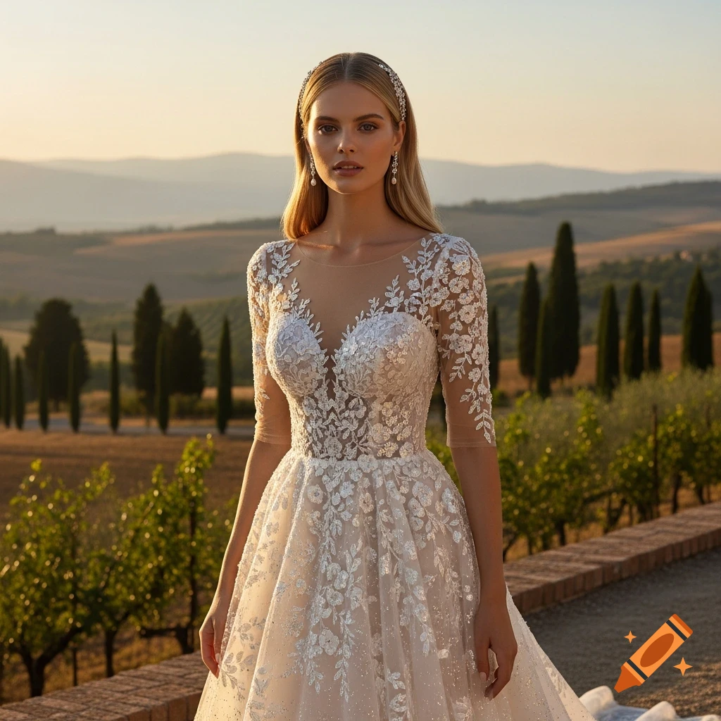 Photorealistic portrait of a blonde woman in a sparkling lace wedding dress and headpiece, in a Tuscan vineyard landscape at sunset.