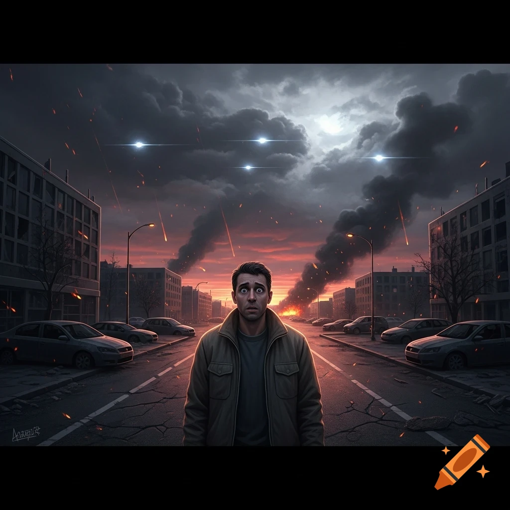 A frightened man stands in a destroyed city street under a fiery, smoke-filled sky with meteors and bright hovering lights.
