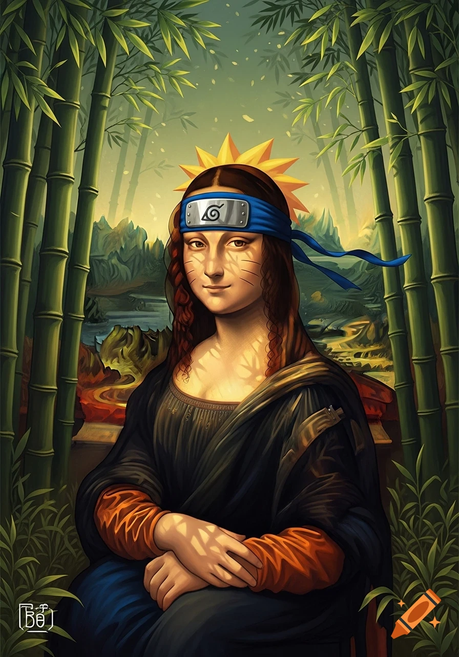 Mona Lisa with a blue Naruto headband, spiky hair, and facial markings, against a lush bamboo forest background, in a stylized painting.
