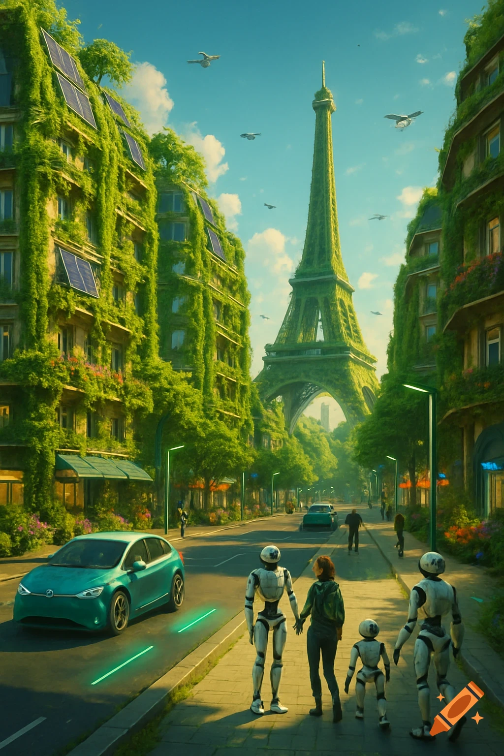 Futuristic Paris street with green buildings, solar panels, electric cars, people, and robots walking, under a bright sky with the Eiffel Tower.