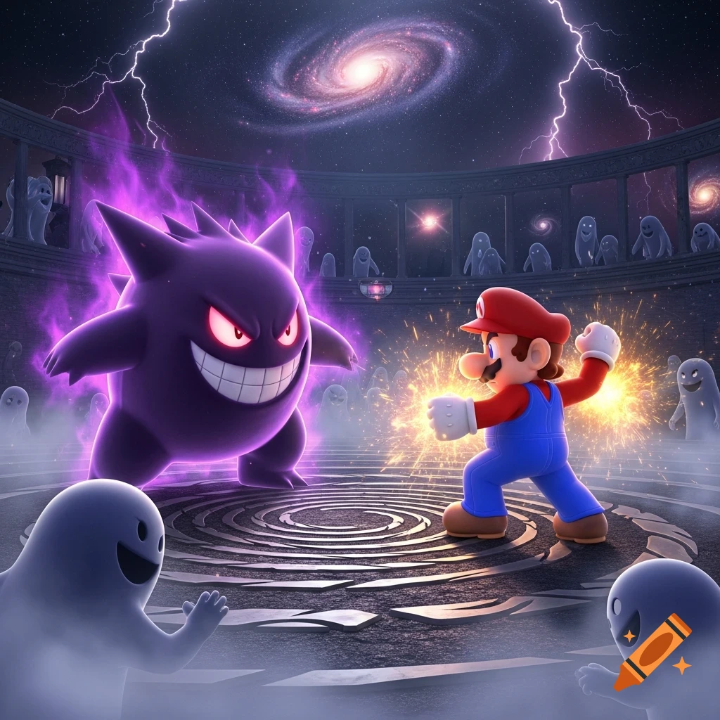 Gengar and Mario battle in a stylized 3D render, surrounded by ghosts in a cosmic arena with lightning.