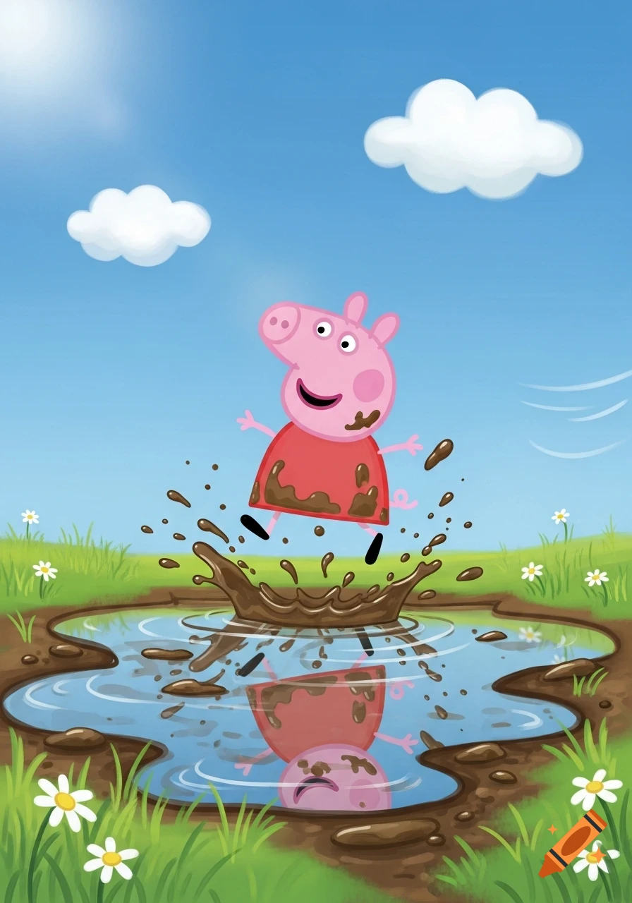 Peppa Pig jumps excitedly in a muddy puddle, splashing mud, with a reflection in the water and white flowers.