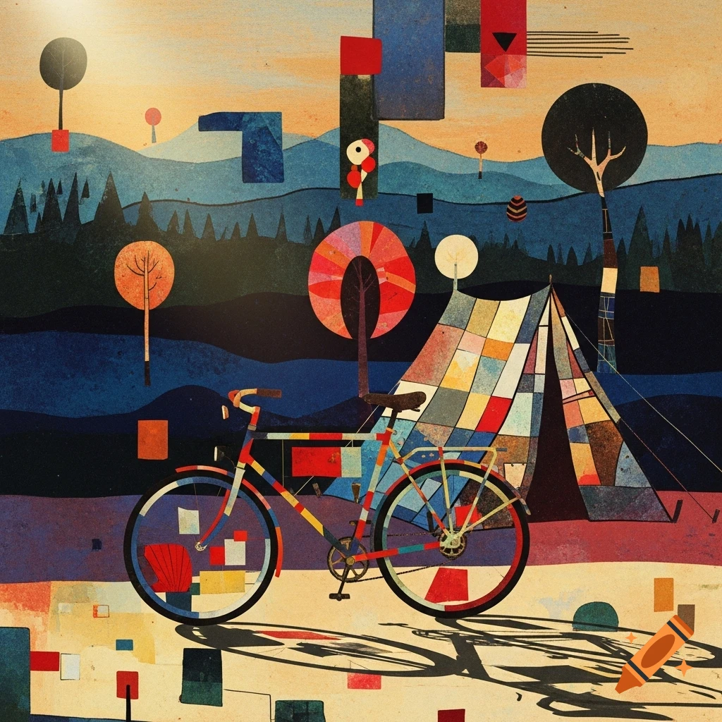 Abstract Paul Klee style painting of a colorful bicycle and tent in a landscape with hills and trees.
