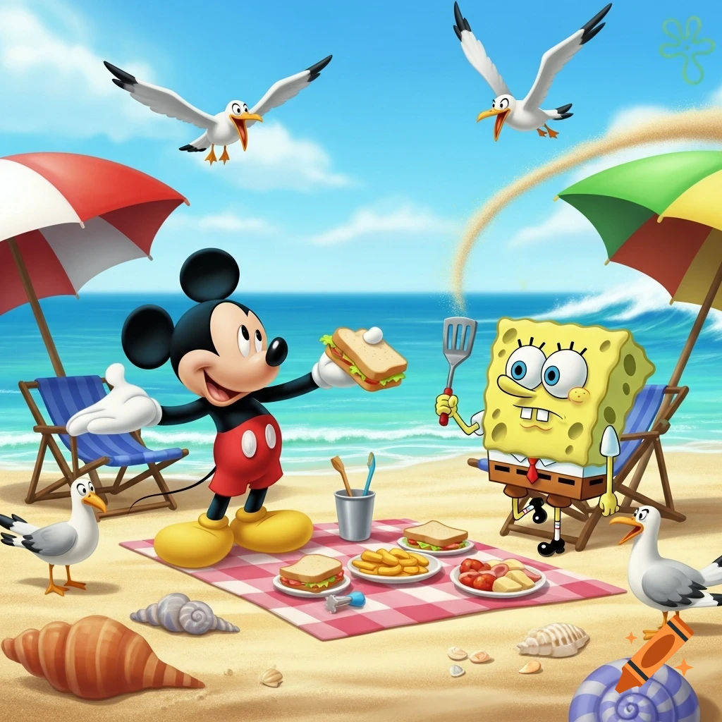 Mickey Mouse and Spongebob Squarepants having a beach picnic under umbrellas, with seagulls nearby, in a bright cartoon style.