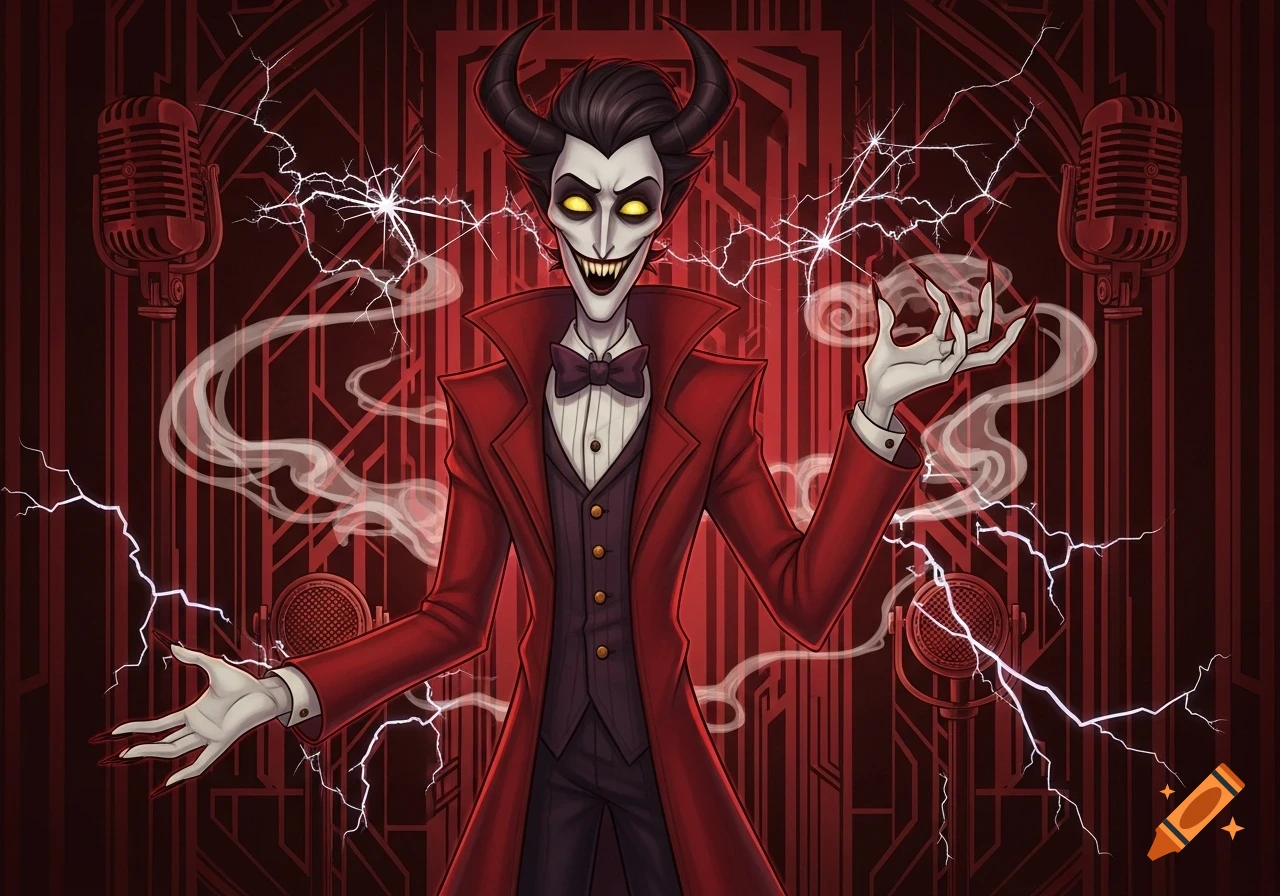 Stylized cartoon demon with horns, glowing eyes, and a wide grin, wearing a red suit, surrounded by white lightning and smoke against a red art deco background.