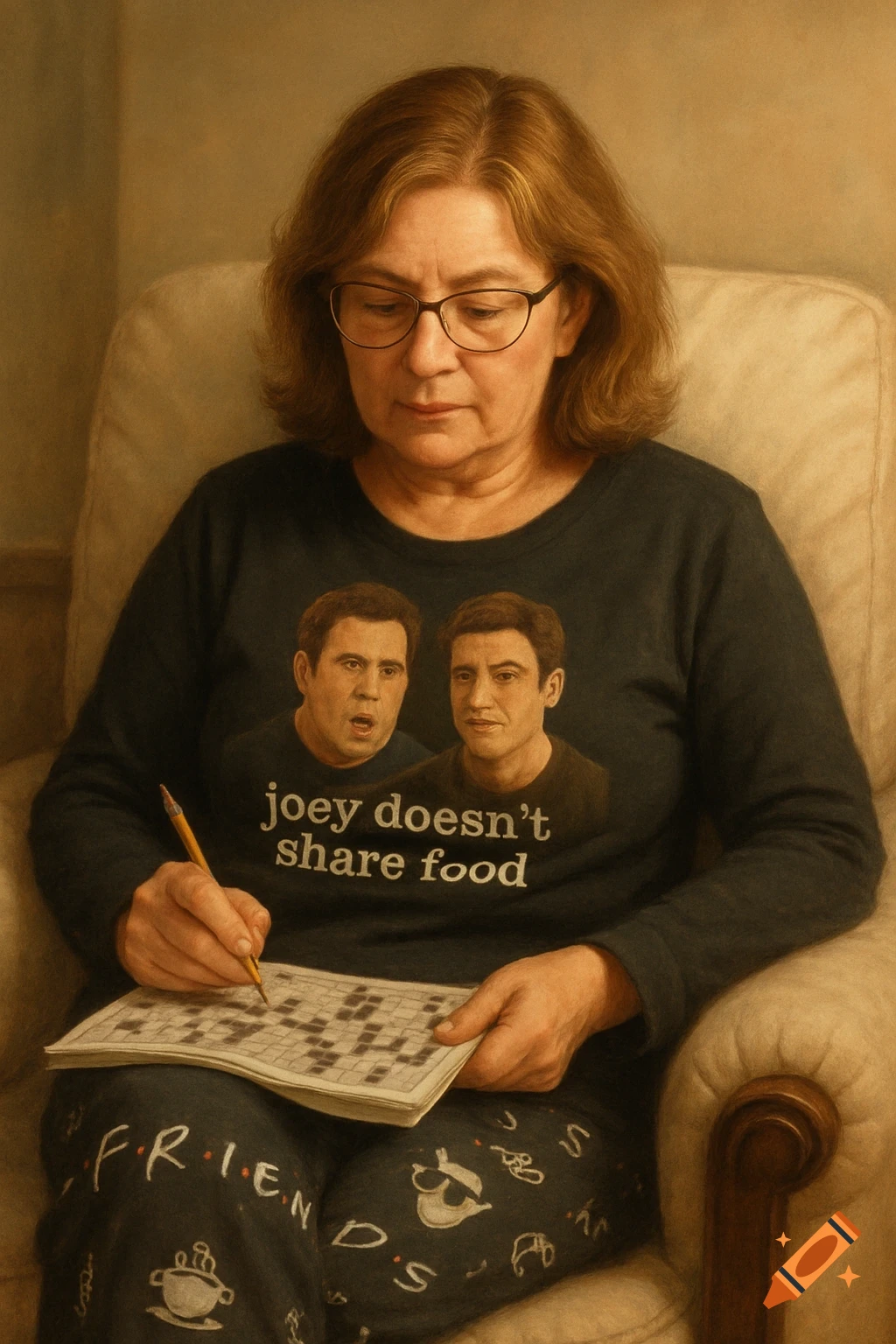 A middle-aged woman in reading glasses solves a crossword puzzle while wearing a black "Friends" shirt featuring Joey and Chandler, and "Friends" pajama pants.