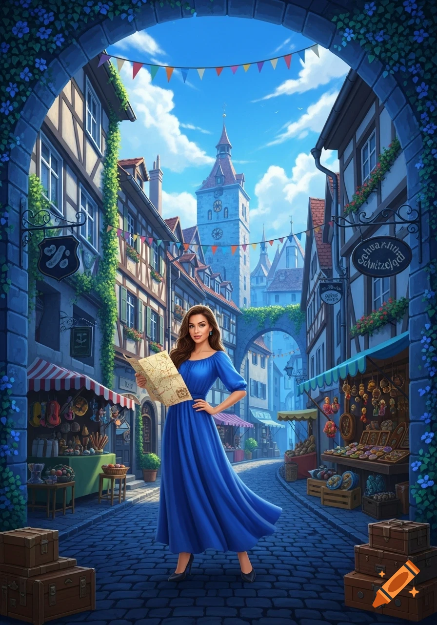 A woman in a flowing blue dress holds a map, standing on a cobblestone street in a colorful, illustrated European-style town with shops and a clock tower.