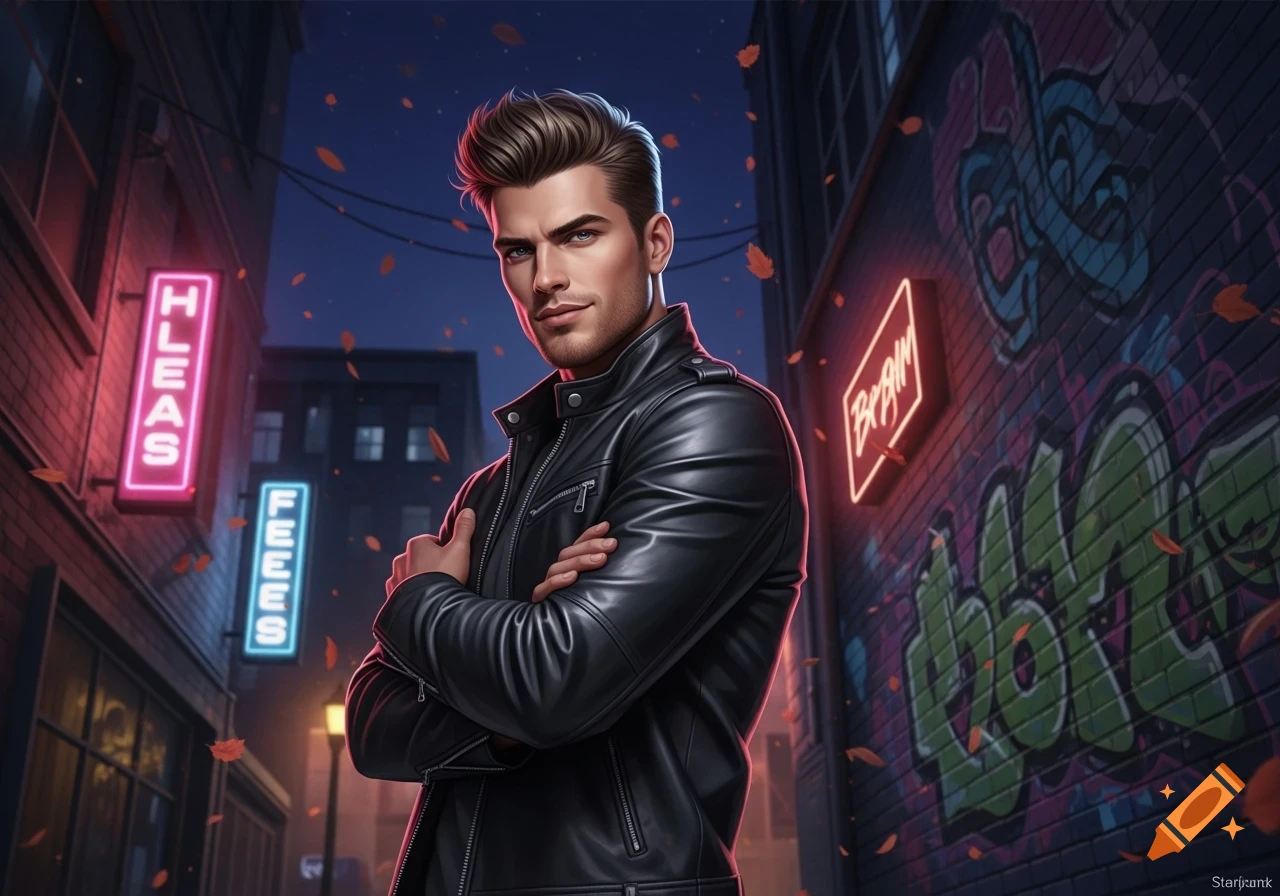 A handsome man in a black leather jacket poses confidently in a neon-lit alley with graffiti at night, falling leaves.
