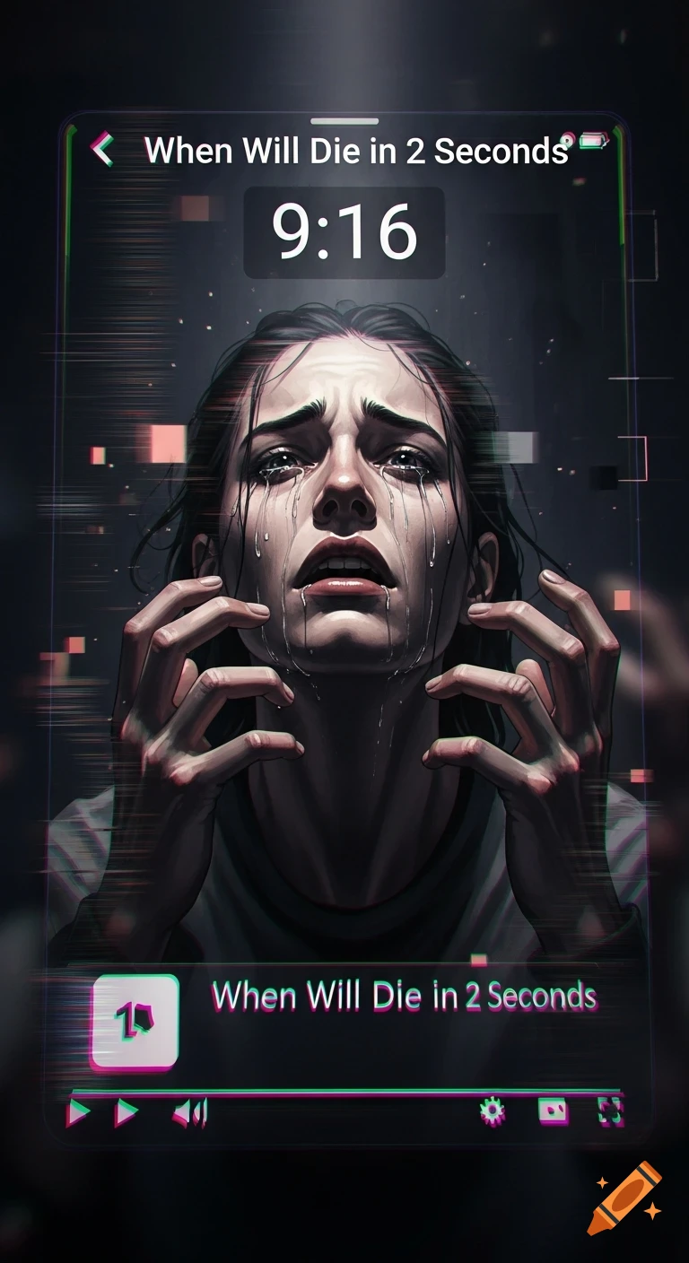 A stylized digital art image of a distressed woman crying, with tears streaming down her face and hands clenched. She is depicted within a screen interface showing text "When Will Die in 2 Seconds" and "9:16", with glitch effects.