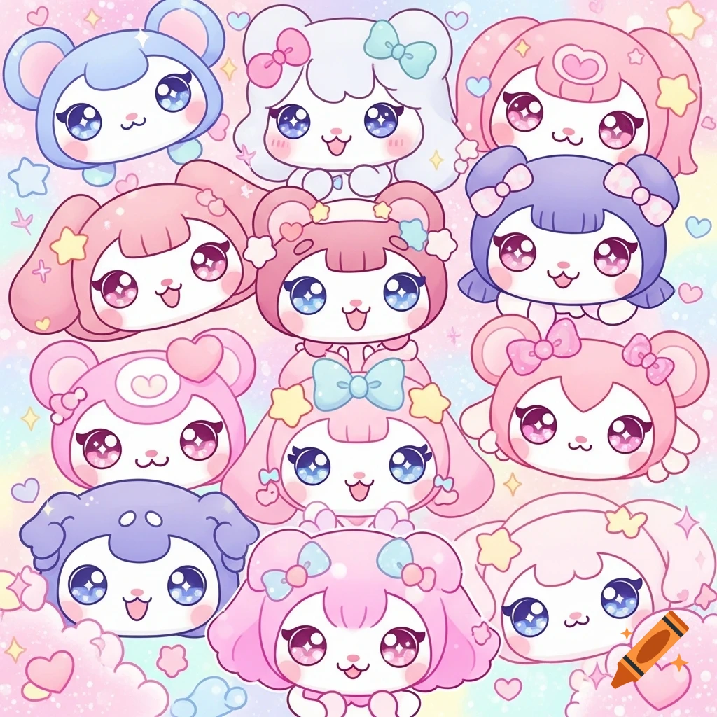 Many cute, pastel-colored kawaii cartoon animal faces with big eyes, bows, and stars on a sparkly rainbow background.