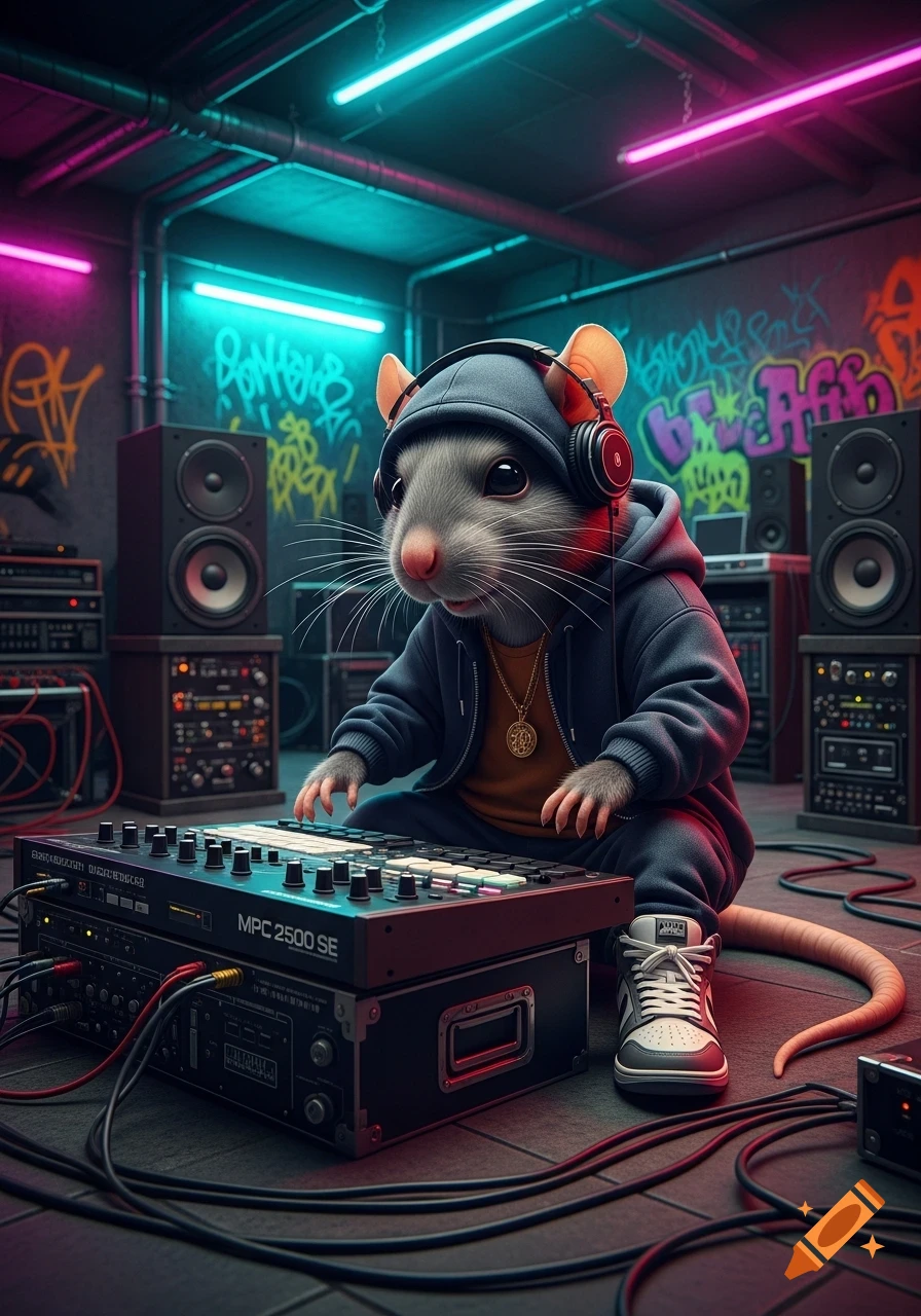 A photorealistic rat wearing a hoodie and headphones, operating a music pad in a neon-lit urban hip-hop studio with graffiti.