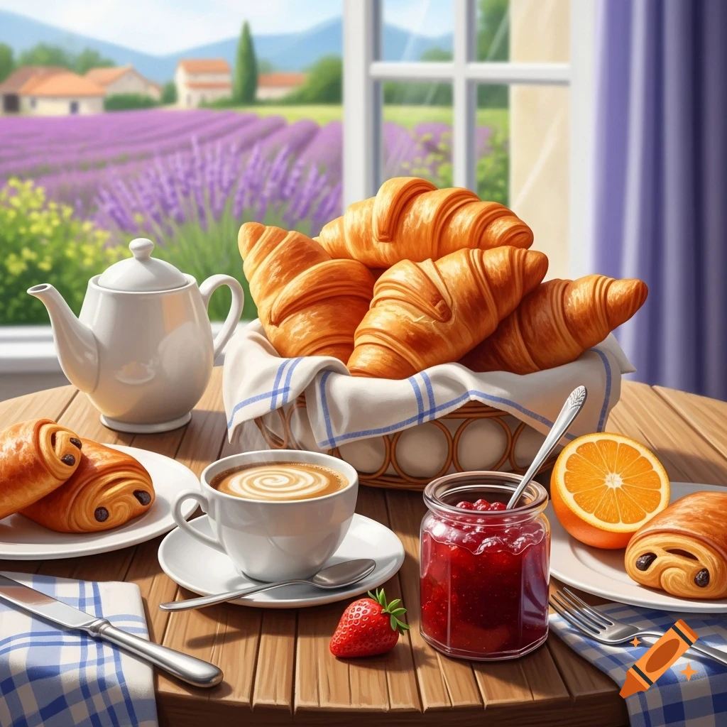 A delightful breakfast spread of croissants, coffee, jam, and fruit on a wooden table, with a lavender field visible through a window.
