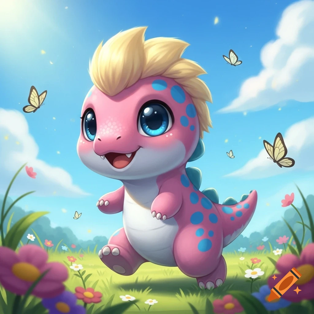 A cute, pink and blue chibi dinosaur with blond hair and big blue eyes runs in a flower field under a blue sky with butterflies.