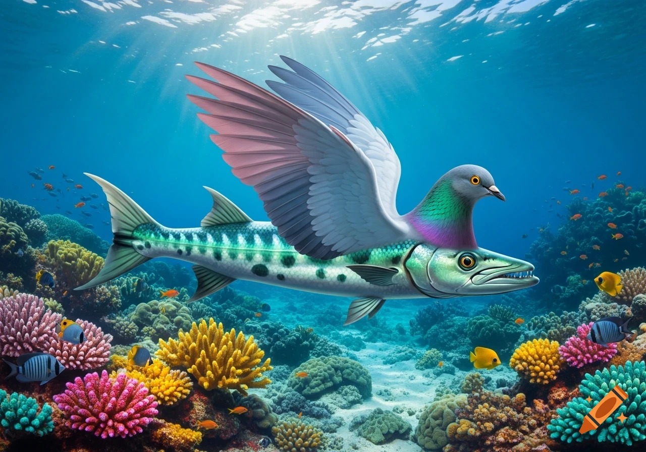 A vibrant barracuda-pigeon hybrid creature with wings swims above a colorful coral reef, surrounded by small fish, in a clear blue ocean.