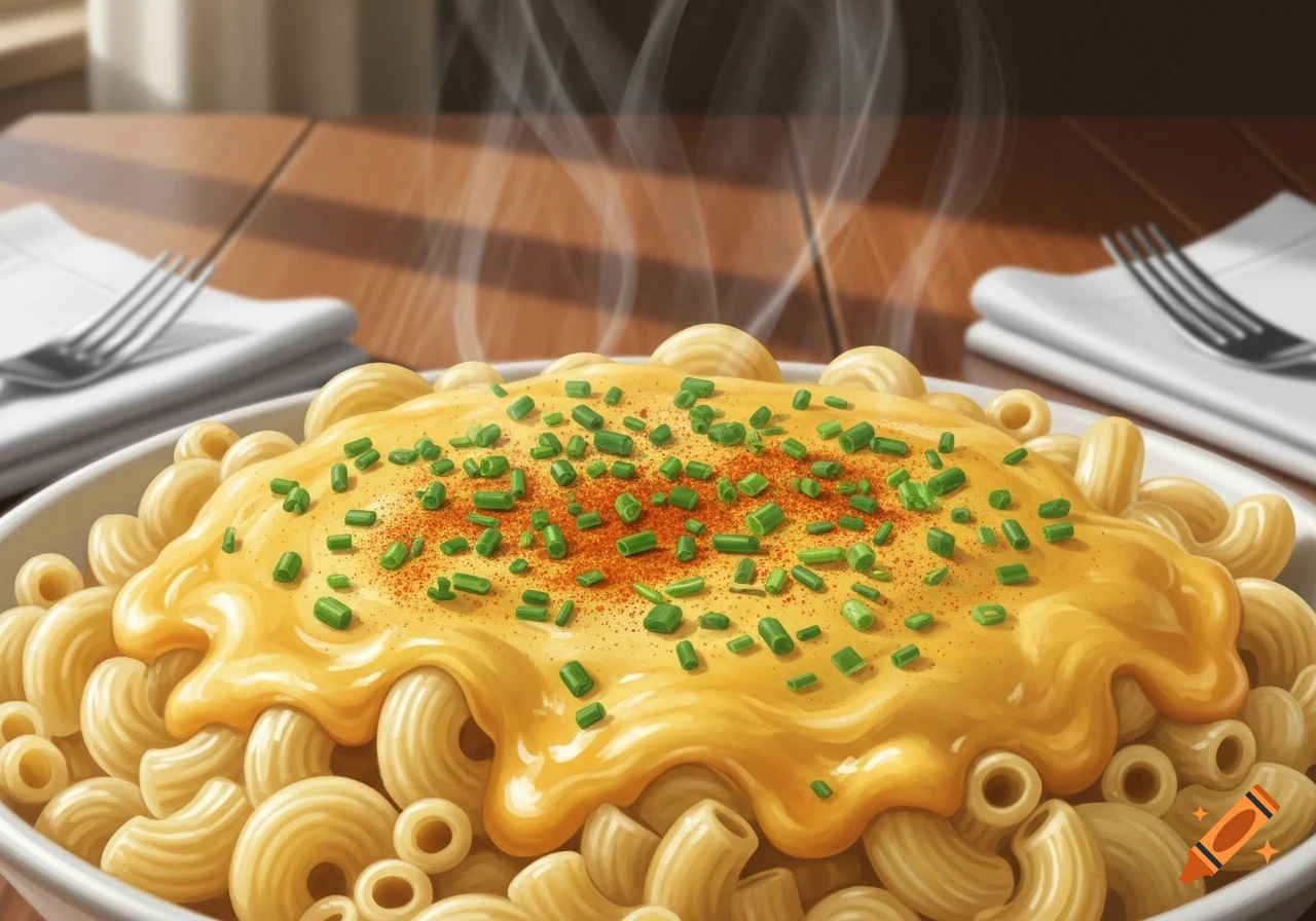 A close-up of steaming mac and cheese, generously topped with green chives and red paprika, served on a wooden table.