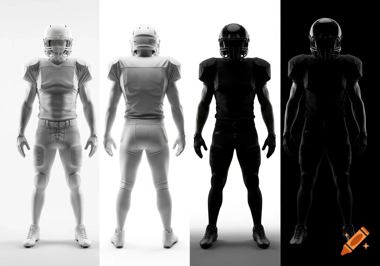 Four detailed photorealistic American football players, two in white uniform on white background, two in black uniform on black background, front and back views.