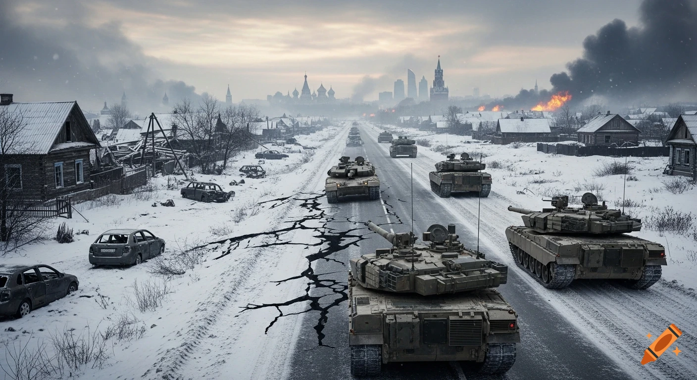 Photorealistic war scene showing a convoy of tanks on a cracked, snow-covered road through a ruined village with burning buildings. Moscow's skyline is hazy in the distance.