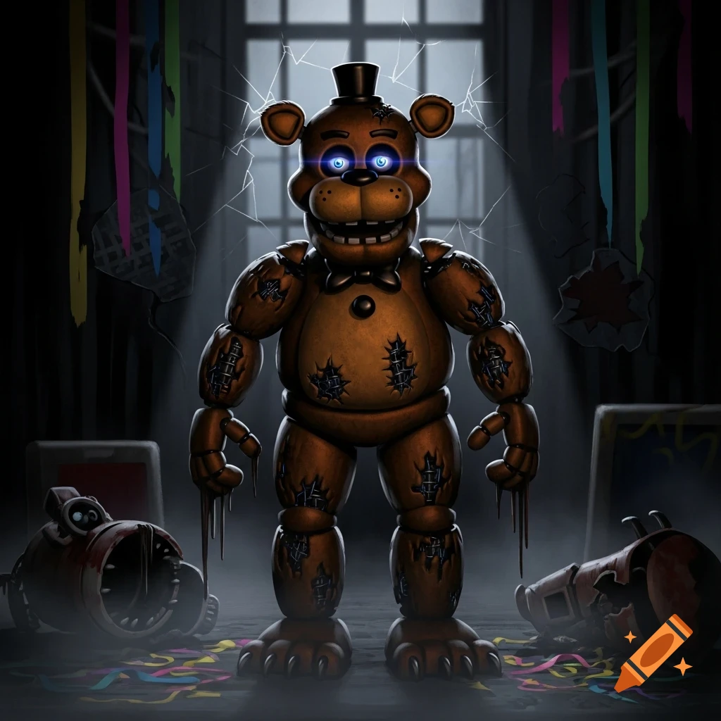 A terrifying, broken brown animatronic bear with glowing blue eyes stands in a dark, ruined room with scattered debris.