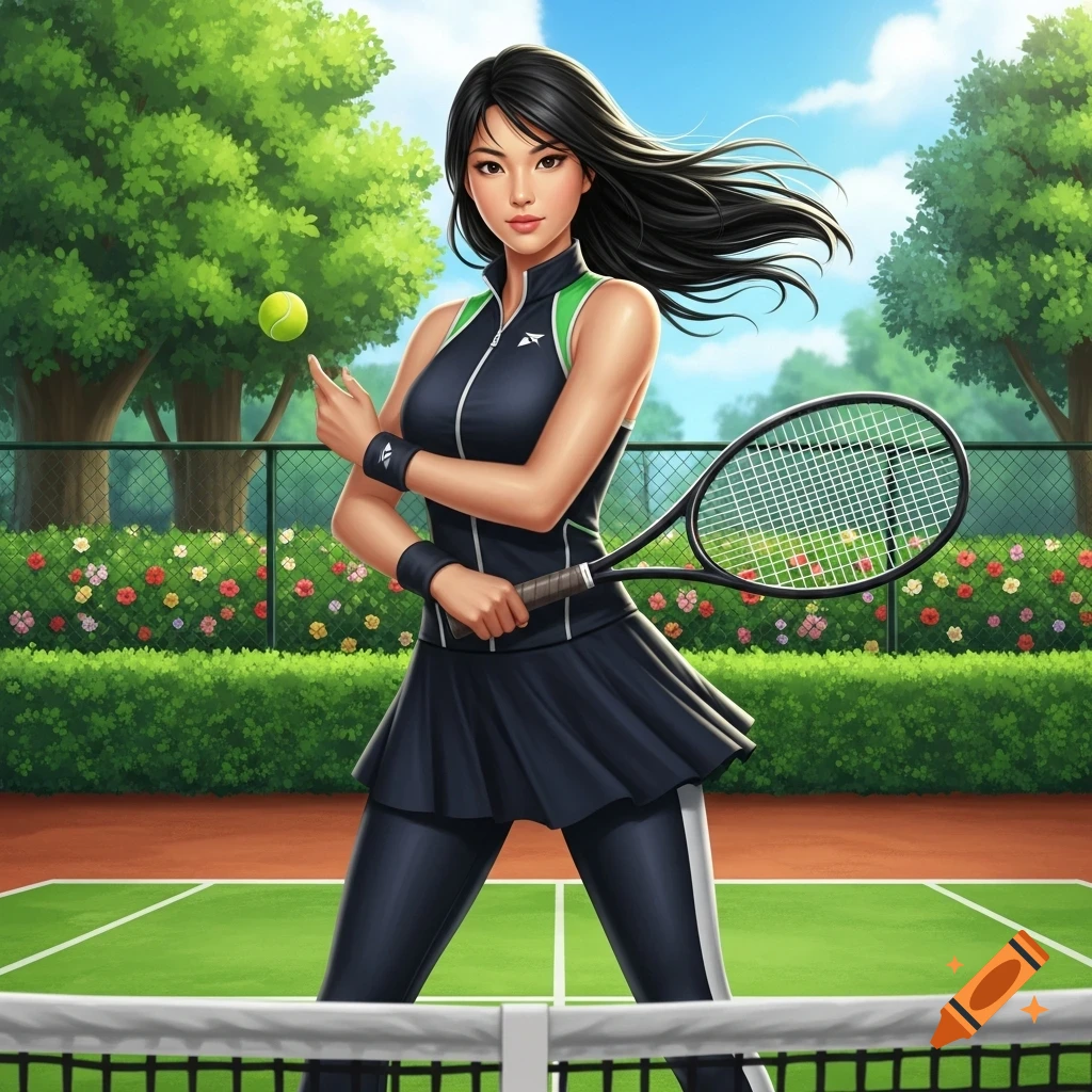 Illustrated Asian woman in a black and green tennis uniform, holding a racket on a tennis court, with a tennis ball floating beside her.