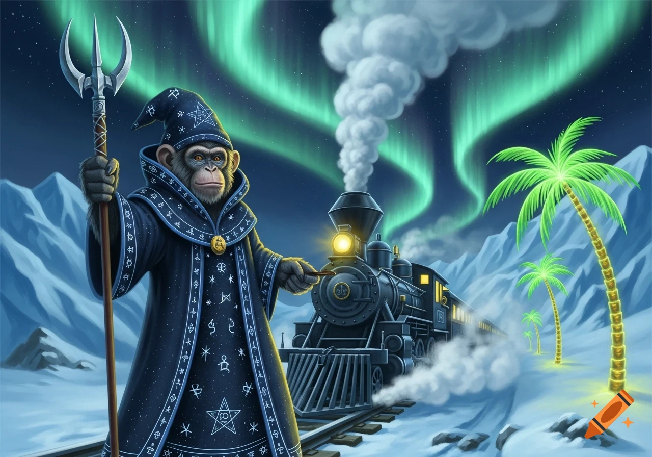 A chimpanzee wizard in a blue robe and pointy hat holds a trident and a wand, standing in a snowy mountain landscape with glowing palm trees and a train under the aurora borealis.