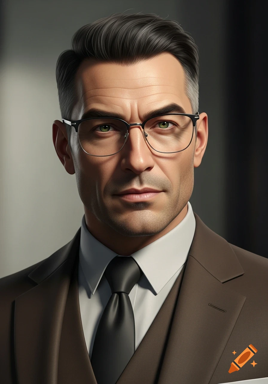 Photorealistic portrait of a man in his forties with dark hair, greying temples, green eyes, glasses, and a brown suit with a black tie.
