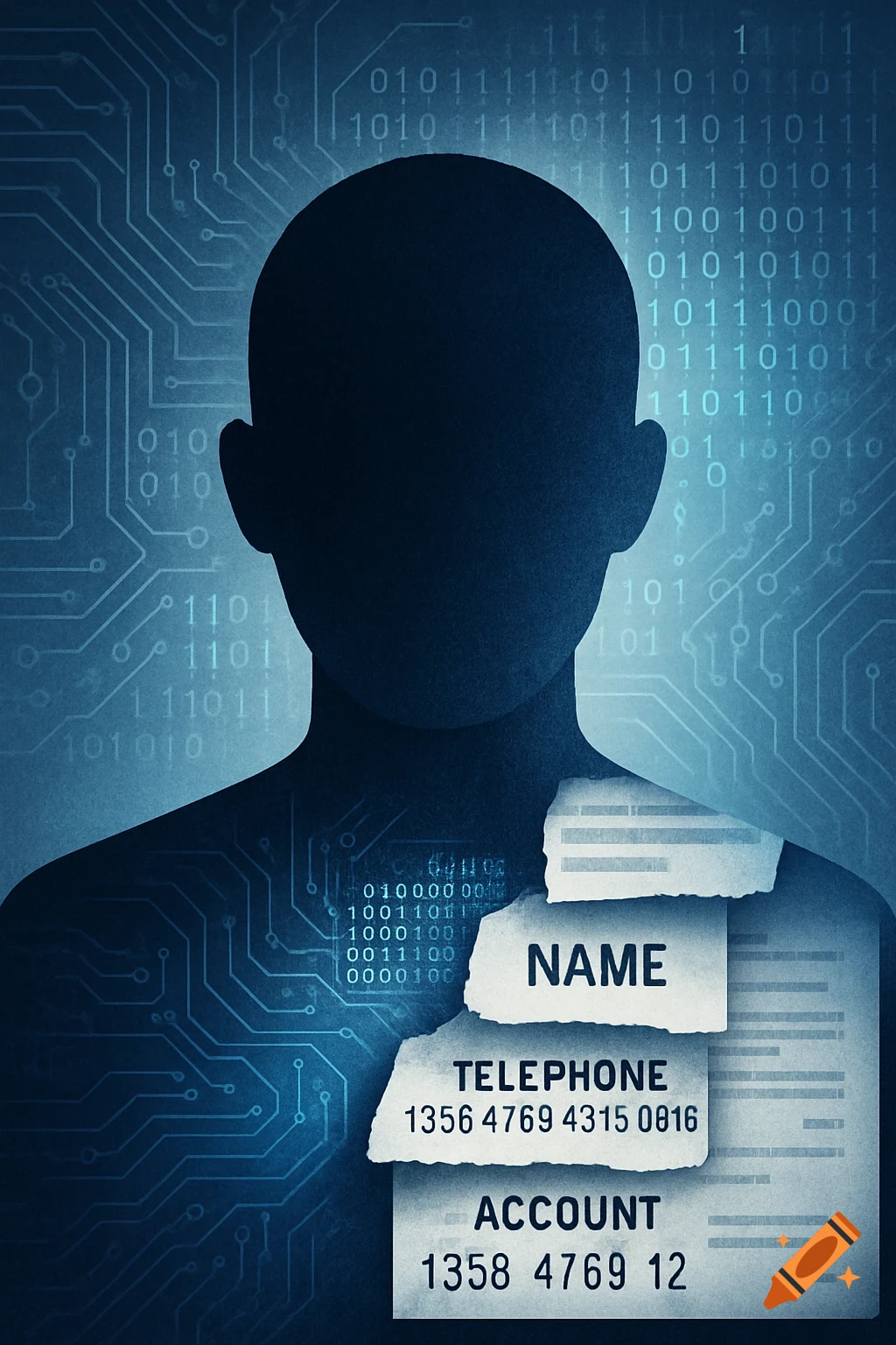 Blue silhouette of a head on a circuit board background with torn papers showing 'NAME', 'TELEPHONE', and 'ACCOUNT' details.