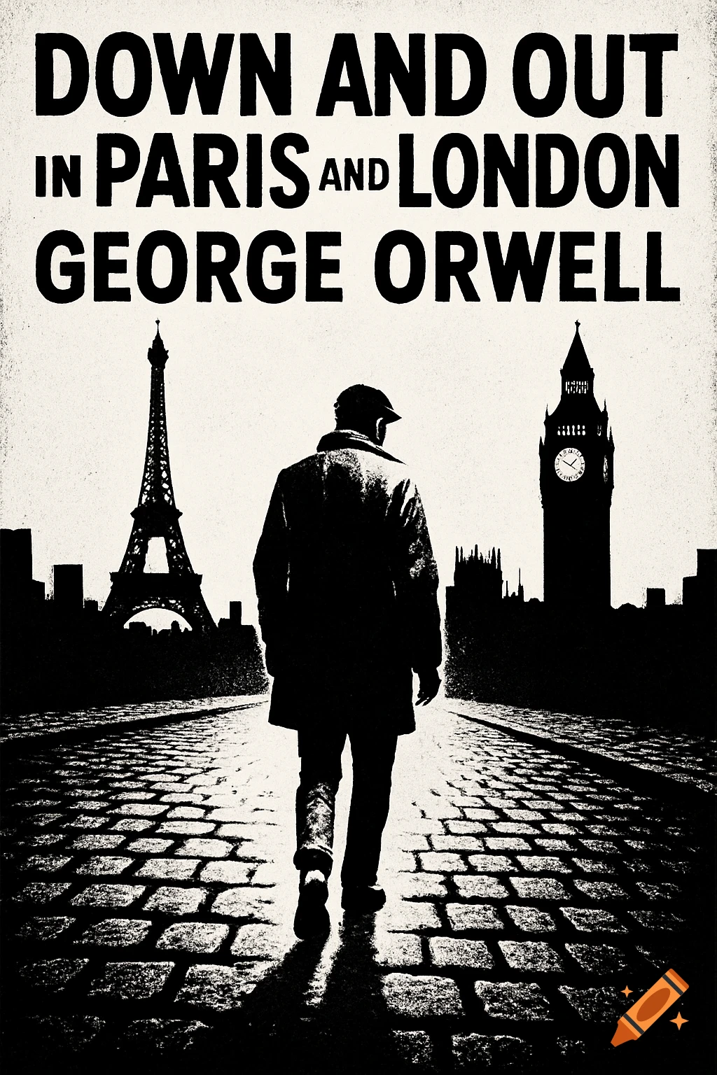 A high-contrast black and white stencil-style book cover. A silhouetted man walks on a cobblestone road, with the Eiffel Tower and Big Ben in the background. Bold text reads "DOWN AND OUT IN PARIS AND LONDON GEORGE ORWELL".
