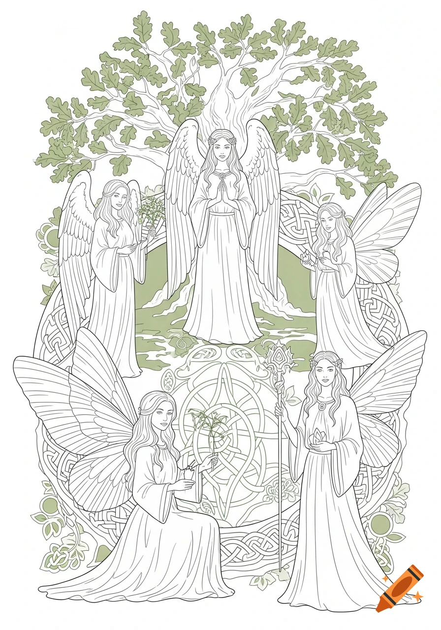 Line art of five angels and fairies with wings and Celtic knotwork, beneath an oak tree.