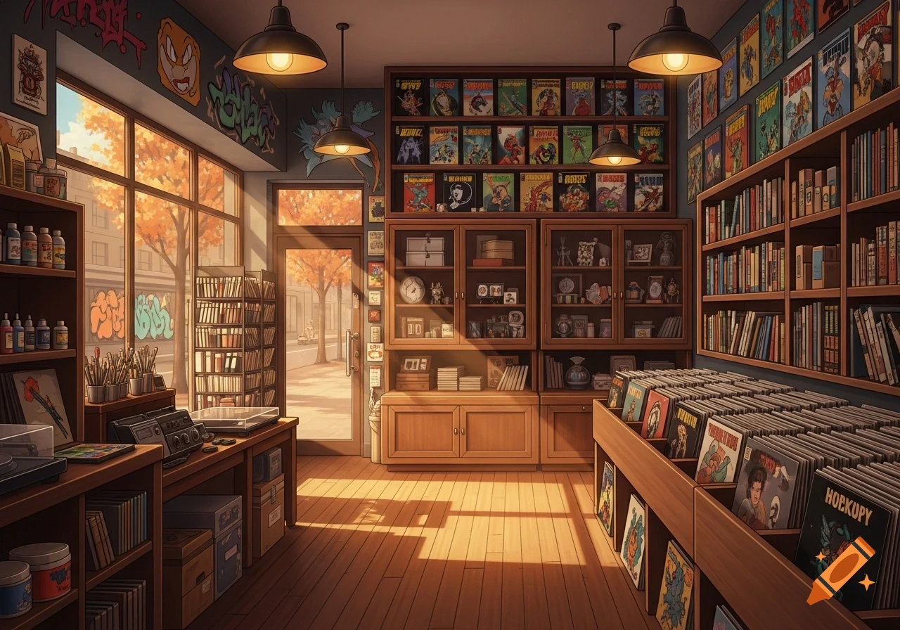 An illustrated store interior with shelves of comic books, vinyl records, and art supplies, bathed in warm sunlight.