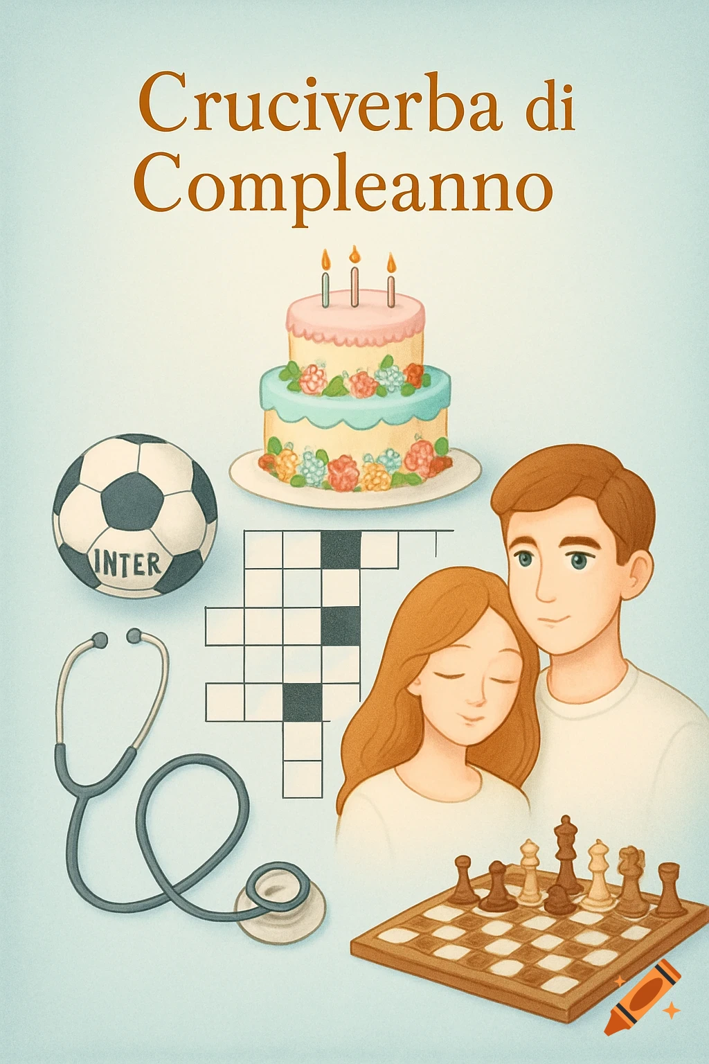 Stylized illustration for a birthday crossword background with a cake, a couple, a soccer ball with 'INTER', a stethoscope, and a chessboard.