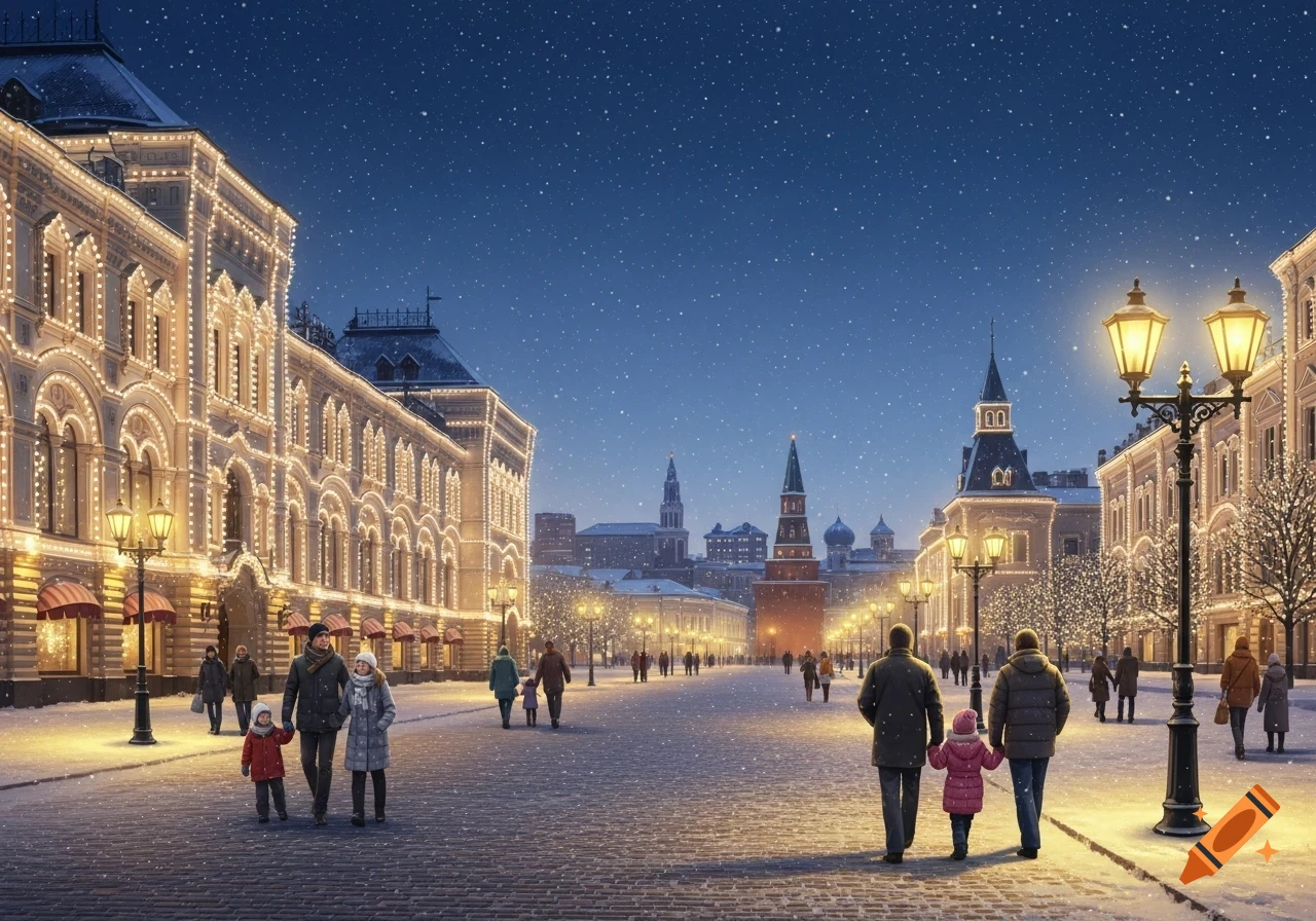 Snowy city street at night with people walking, historic buildings decorated with festive lights, and illuminated lampposts.