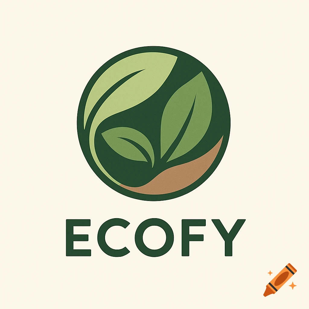 A minimalist eco-friendly logo with green leaves inside a dark green circle, above the word ECOFY.