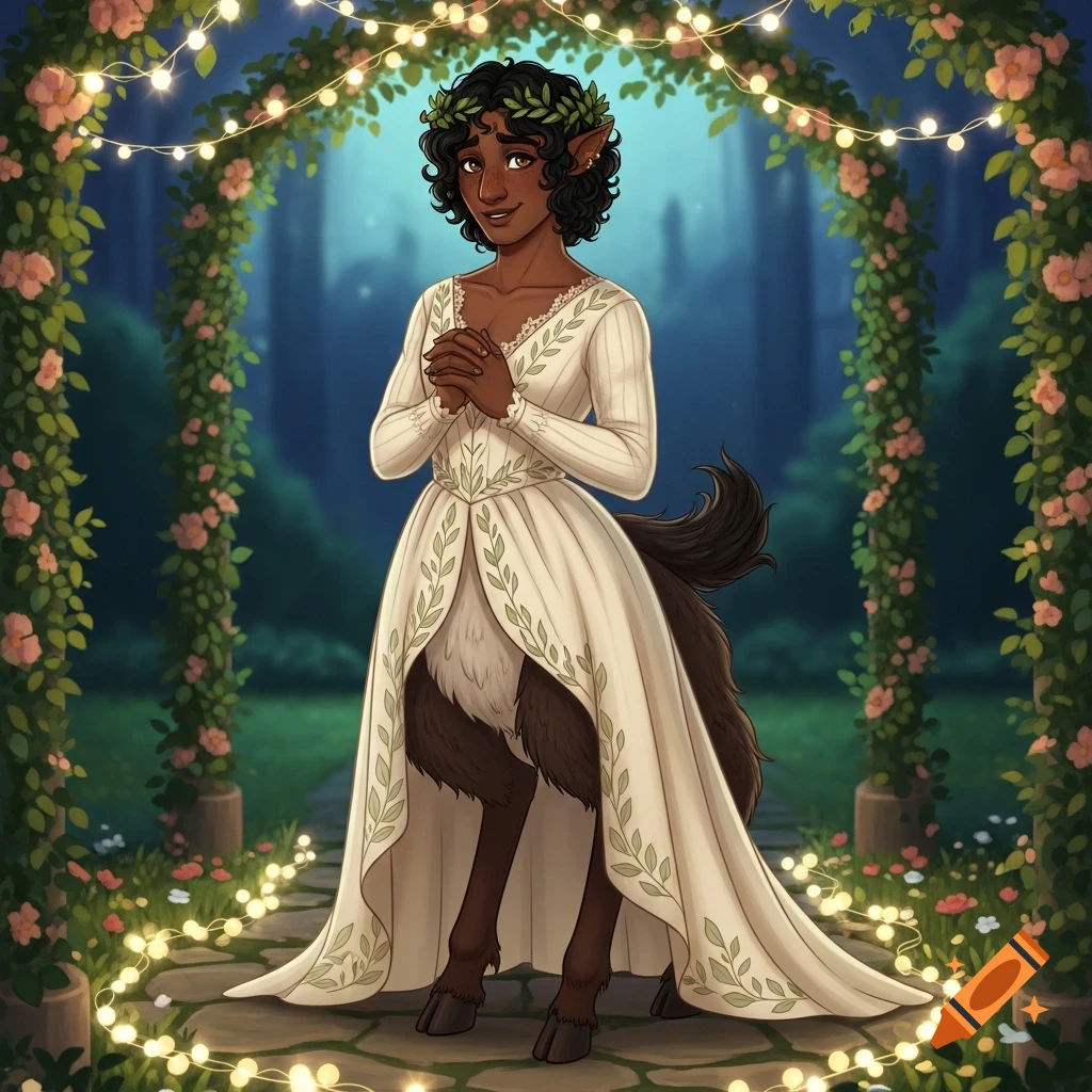 A smiling satyr with dark curly hair and a leaf crown wears a cream wedding dress with leaf details, standing in a flower archway with string lights.