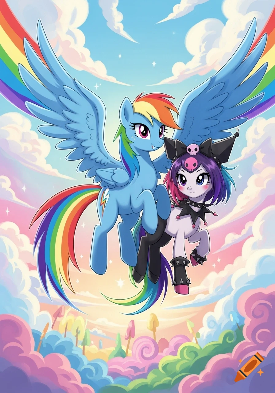 Cartoon image of Rainbow Dash and a Kuromi-like pony flying together above colorful clouds and whimsical lollipop trees.