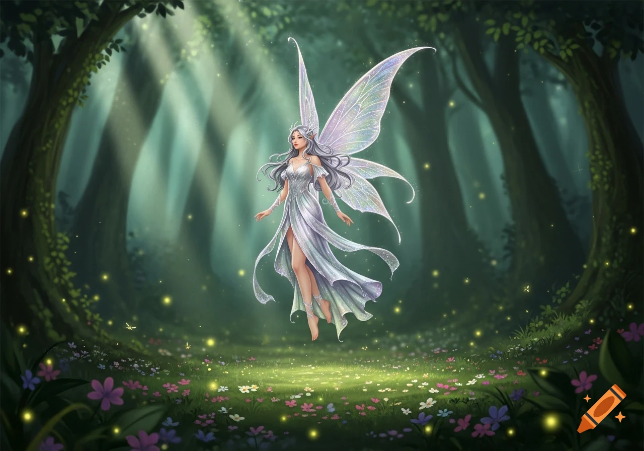 A beautiful fairy with shimmering wings and a flowing dress floats in a magical forest clearing with glowing fireflies and flowers.