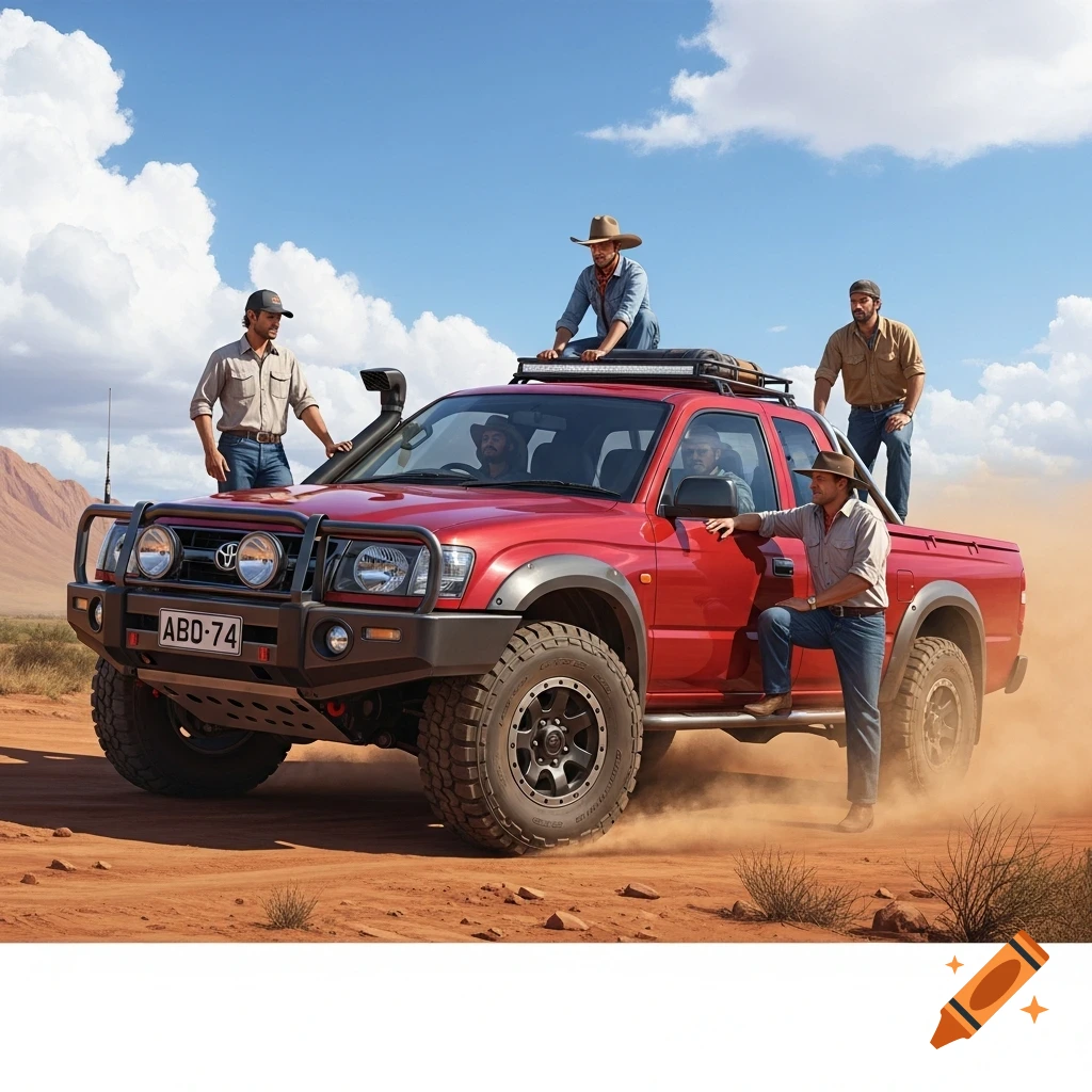 Red off-road pickup truck with five men in a dusty desert landscape under a blue sky.