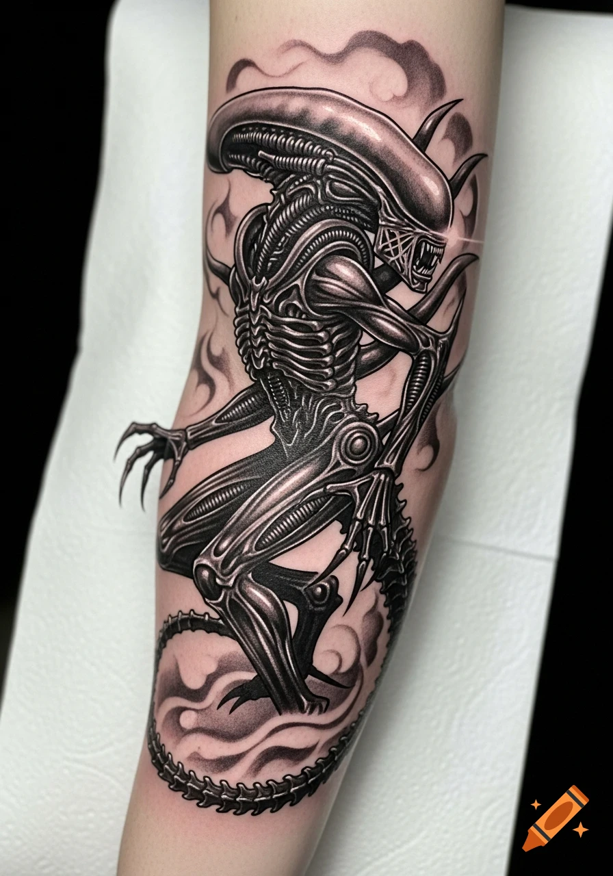 A detailed black and grey tattoo of a Xenomorph from the Alien franchise on a person's arm, surrounded by smoke.